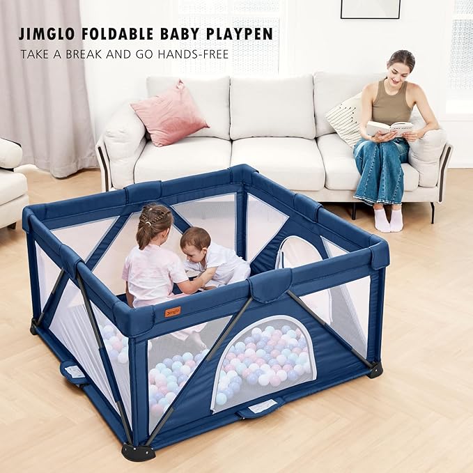 Baby Playpen Foldable, Playard for Babies and Toddlers, Portable Playpen Activity Center with 50 Balls+2 Handles for Travel, Indoor & Outdoor Play Pen with Mesh 50''x50''-CubbioJoy