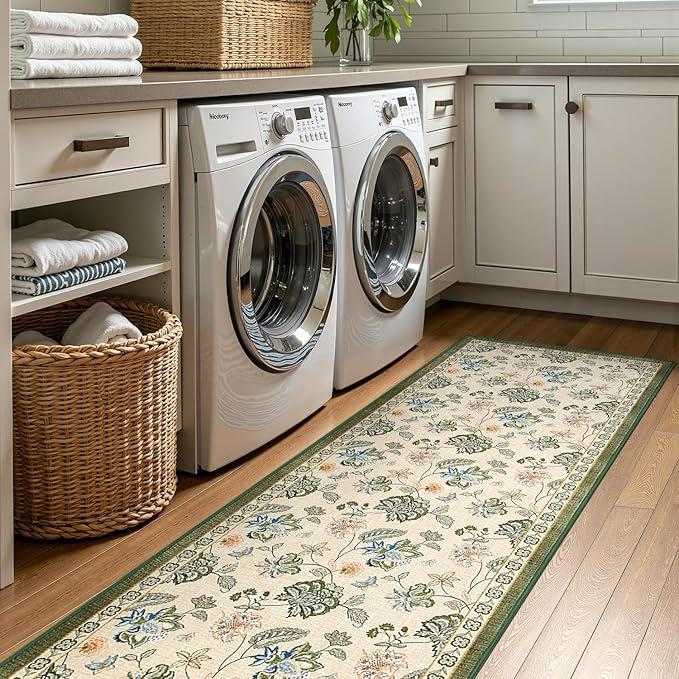 jinchan 2x5 Floral Runner Rug for Hallway Washable Kitchen Runner Vintage Romance Design Non Slip Thin Indoor Floor Cover Low-Profile Throw Carpet for Entryway Bathroom Bedroom Porch, Green/Beige-CubbioJoy