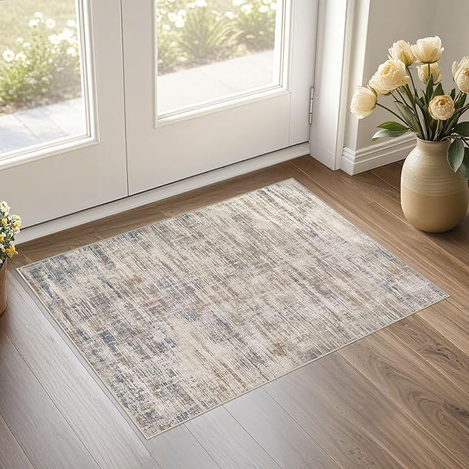2x3 Entryway Area Rugs: Washable Neutral Abstract Small Rug Door Mat Non-Slip Soft Low Pile Indoor Carpe for Entrance Kitchen Front Door Bathroom Entry Kids Room - Brown-CubbioJoy