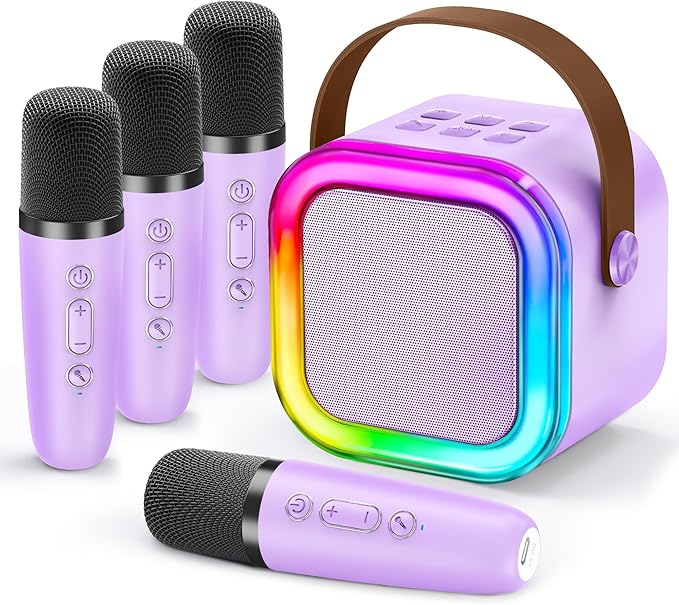 IROO Mini Karaoke Machine for Kids, 2025 TOP Toys Birthday Gifts Ideas for Girls Ages 4, 5, 6, 7, 8, 9, 10, 12+ Years Old, Portable MP3 Player with 4 Wireless Mics for Party-CubbioJoy