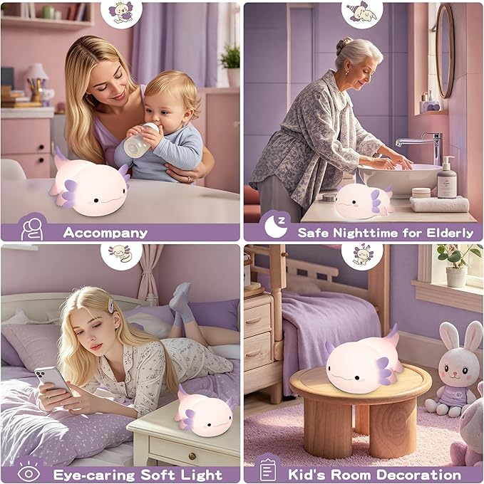 Axolotl Night Light for Kids,Cute Purple Axolotl Lamp,LED Squishy Nursery Nightlight, Food Grade Soft Silicone Novelty Animal Bedside Lamp,Adorable Room Decor, Axolotl Gitfs for Mother Girls Baby-CubbioJoy