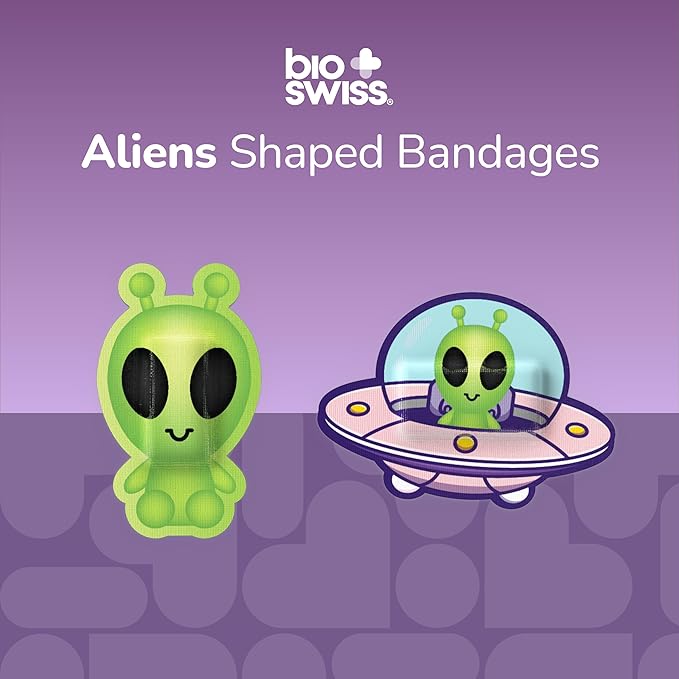 BioSwiss Bandages, Halloween Alien Shaped Self Adhesive Bandage, Latex Free Sterile Wound Care, Fun First Aid Kit Supplies for Kids, 50 Count-CubbioJoy