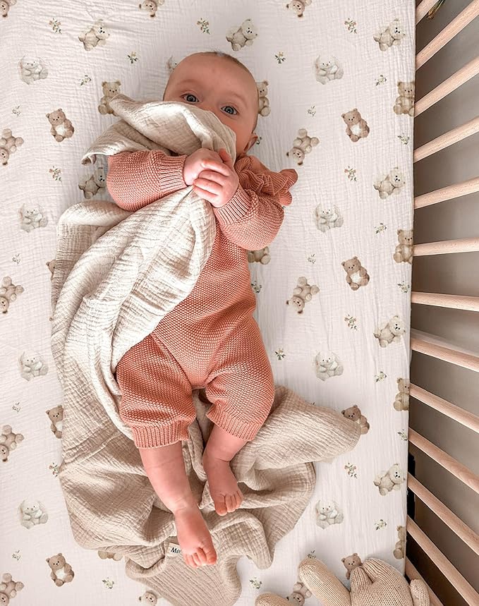 Bassinet Sheet for Baby Boy and Girl 2 Pack, Fitted Sheets for Rectangle, Oval, Hourglass Bassinet Mattress, Muslin Moses Basket Sheets with Neutral Style (Teddy & Friends)-CubbioJoy