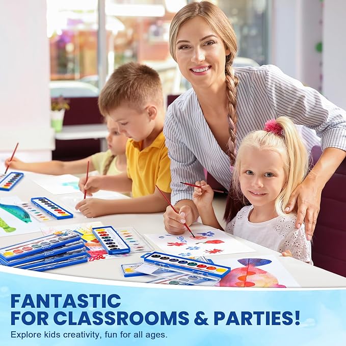 36 Pack Watercolor Paint Set, Washable Watercolor Paint Bulk for Kids, Water Color Paint with Paint Brushes, Ideal Gifts for Party Favors, School Supplies & Classroom Prizes, Art Activities, 8 Colors-CubbioJoy