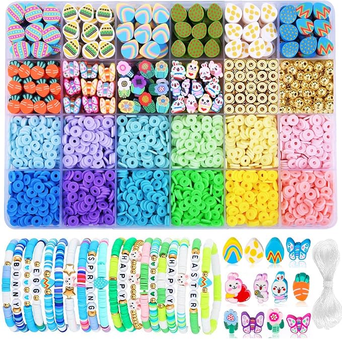 2480pcs Easter Polymer Clay Beads Bracelet Making kit, 24 Style Cute Fun Beads Charms for Jewelry Necklace Earring Making DIY Accessories for Women Girls-CubbioJoy