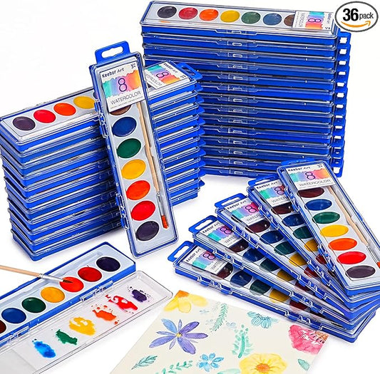 8-Color Watercolor Paint Set for Kids, 36 Pack Washable Watercolors Bulk for Party Favors, Gifts, Classroom Supplies (Wooden Paintbrushes Included)-CubbioJoy