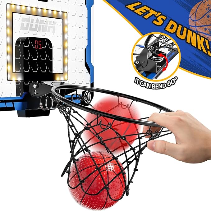 Indoor Basketball Hoop for Kids, Over The Door Mini Basketball Hoops, LED Light Mini Hoop with Scoreboard & 4 Balls, Kids Basketball Hoop Sport Toys Gifts for 5 6 7 8 9 10 11 12+Year Old Boys-CubbioJoy