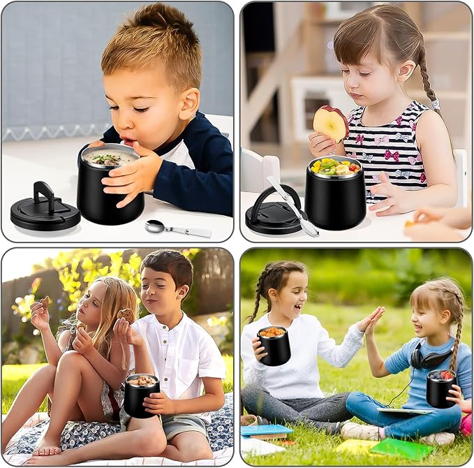 20oz Insulated Vacuum Food Jar with Buckle Lid,Soup Thermo for Hot Food Kids,Wide Mouth Leakproof Stainless Steel Lunch Container with Spoon-Black-CubbioJoy