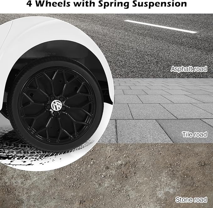 Costzon Ride on Car, 12V Licensed Volkswagen Beetle Battery Powered Vehicle w/Remote Control, Spring Suspension, Lights, USB, Horn, Music, 4 Wheeler for Boy Girl Gift, Electric Car for Kids, White-CubbioJoy