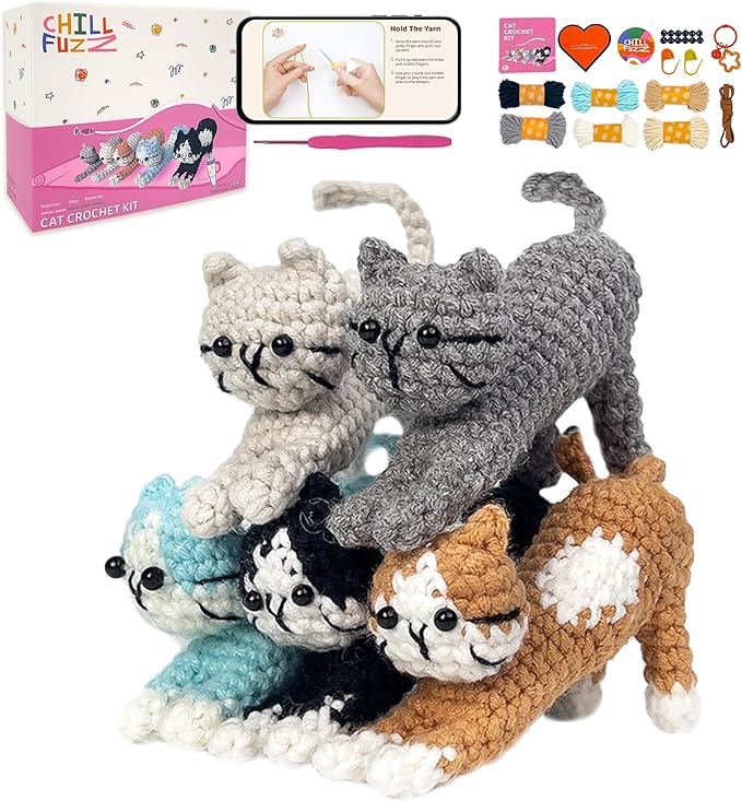 ChillFuzz Animal Crochet Kit Beginner Crochet Kit for Adults and Kids with Yarn Hook and Instructions Fun DIY Craft Gift Yoga Cat-CubbioJoy