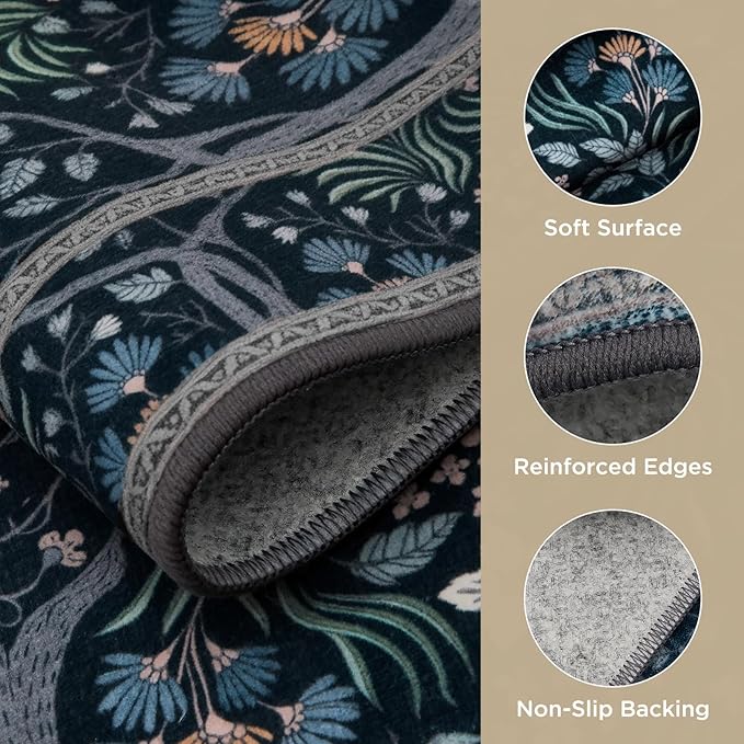 Joydeco Floral Living Room Rugs, Washable Large Bedroom Rug 8x10 Under Bed Non Slip, Soft Forest Botanical Low-Pile Floor Indoor Throw Carpet for Dining Table Home Office, Blue-Black-CubbioJoy