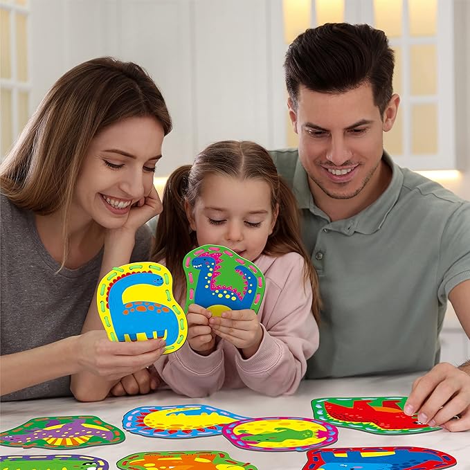 9 Pieces Kids Lacing Cards, Double Sided Sewing Cards in 9 Dinosaurs with 9 Colorful Laces, Imagination Development Lacing Toys Games for Children Educational and Learning Activity-CubbioJoy