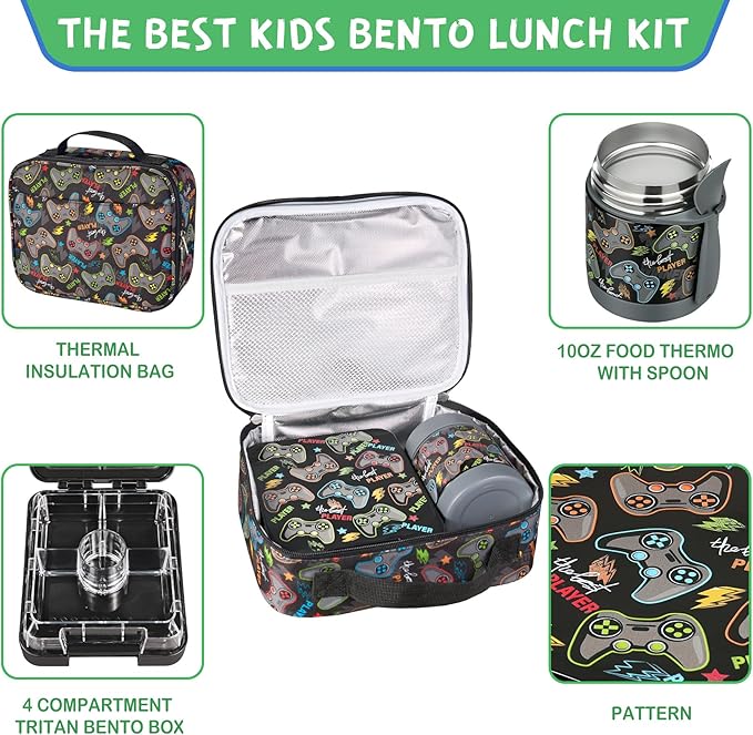 Bento Lunch Box Set With 10oz Soup Thermo, Leak-proof Lunch Containers with 4 Compartment, Kids Hot Thermo Food Jar/Insulation Lunch Bag, Food Containers for School (Black-Games)-CubbioJoy