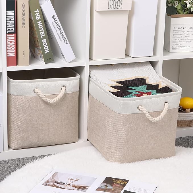 Bidtakay Beige Storage Basket Large Fabric Cloth Baskets [2-Pack] Tall Rectangular Shelf Baskets 16X11.8X11.8 in Canvas Collapsible Storage Bins with Handles for Organizing Living Room(White&Beige)-CubbioJoy