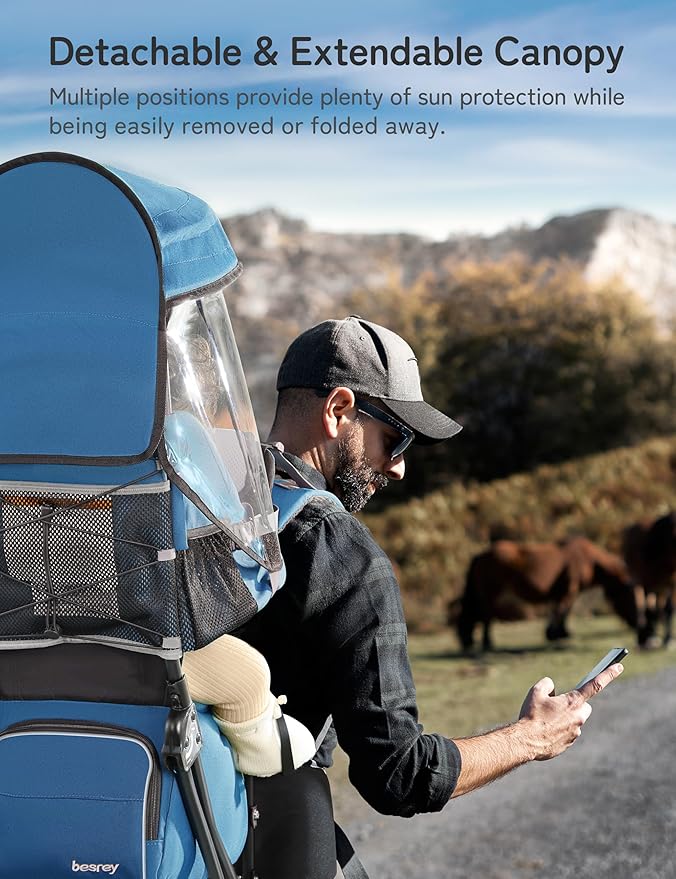 besrey Baby Backpack Carrier, Toddler Hiking Backpack with Safety 3-Height Seat, Adjustable Straps&Waist Belt, Foldable Frame Lightweight Large Capacity Child Carrier for Hiking (Klevin Blue)-CubbioJoy