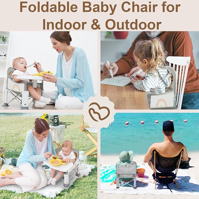 Baby Travel Booster Seat with Double Tray, BabyBond Upgraded Toddler Portable Baby Chair, Booster Seat for Dining Table, Stable and Foldable Booster Baby Chair for Indoor/Outdoor (Grey Lion)-CubbioJoy