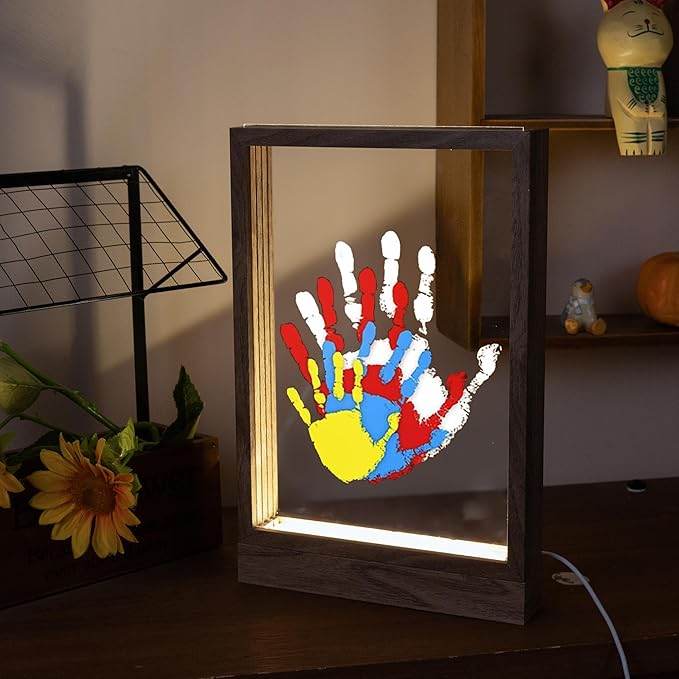 CHERRY CHEERS Family Handprint Kit with Light, Handprint Keepsake Frame, Wooden Led Light, Easy Install, No Need Screw etc, Non-Toxic Paints (Brown)-CubbioJoy