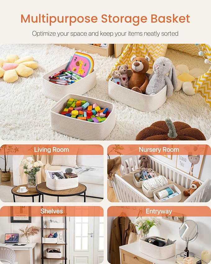 KALLAX Small Woven Basket, 13.5 x 9.5 x 5 Inches, Storage Basket for Organizing, Cute Small Rope Shelf Closet Cube Storage Bins Baskets for Shelves, Dog Toy Gift Baskets Empty, 3 Packs, Off White-CubbioJoy