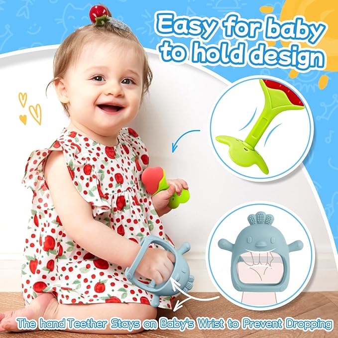 Baby Teething Toys(5 Pack) - Tinabless Infant Teething Keys&Silicone Teething Mitten for Babies Over 3 Months, BPA-Free, Natural Organic Freezer Safe for Infants and Toddlers(Blue)-CubbioJoy