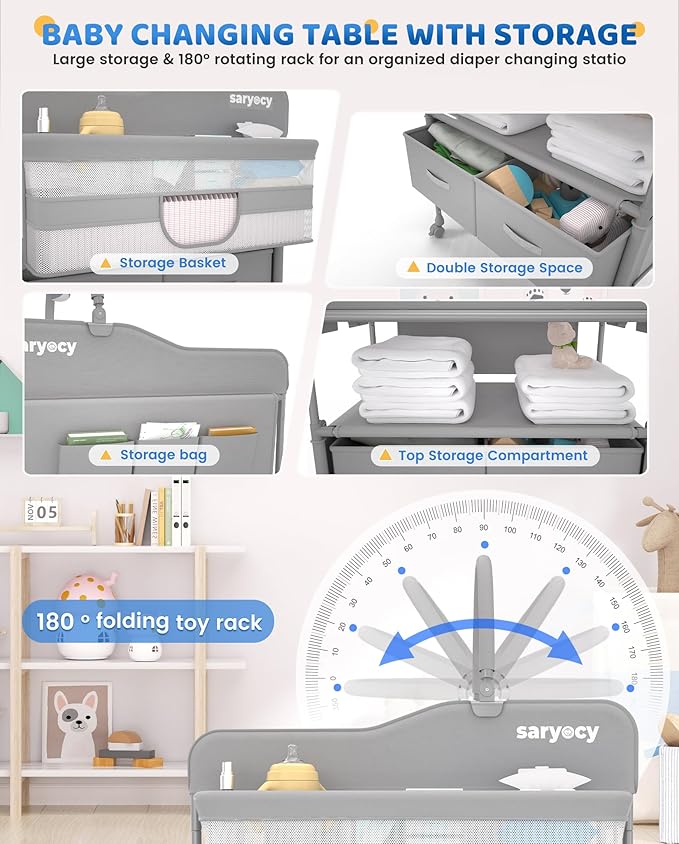 Baby Changing Table, Versatile Folding Changing Table, Waterproof Diaper Changing Station, Adjustable Height with 2 Drawers,Baby Changing Station, Mobile Nursery for Infant and Newborn-CubbioJoy