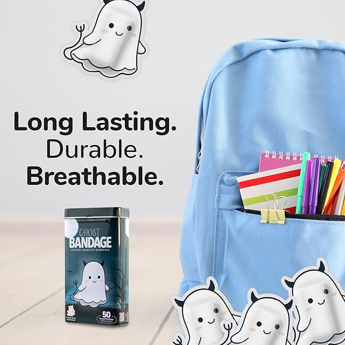 BioSwiss Bandages, Halloween Ghost Shaped Self Adhesive Bandage, Latex Free Sterile Wound Care, Fun First Aid Kit Supplies for Kids, 50 Count-CubbioJoy