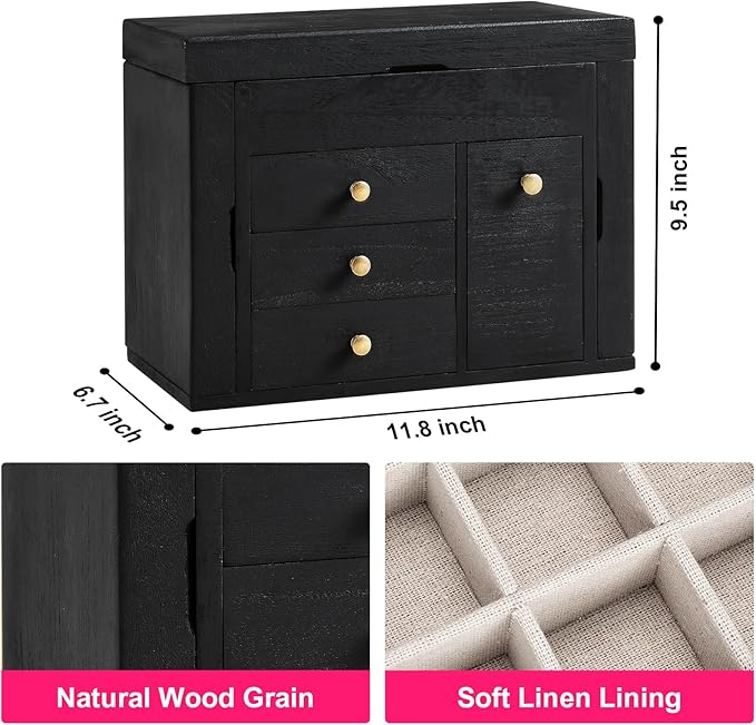 Jewelry Box Organizer, Solid Wood Jewelry Boxes for Women, Double Layer Jewelry Organizer Box Display Earring Necklace Bracelet Ring, Rustic Style Small Jewelry Box for Girls (Black)-CubbioJoy