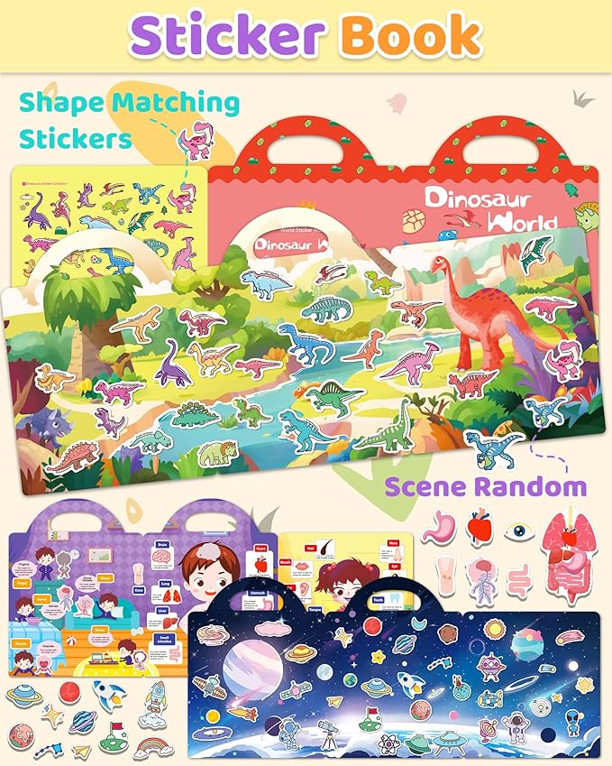 Benresive Reusable Sticker Books for Kids 2-4, Sticker Books for Toddlers 1-3 2-4, Toddler Travel Toys Activities Crafts Gifts - Dinosaurs, Space and Body-CubbioJoy