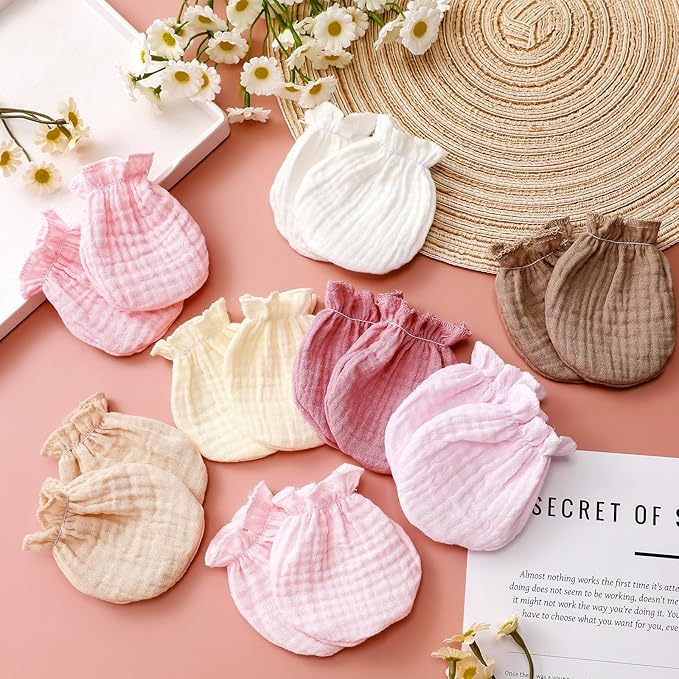 8 Pairs Newborn Baby Muslin Mittens 0-6 Months No Scratch Elastic Wrist Soft Breathable Gloves Bulk Cotton for Infant-CubbioJoy