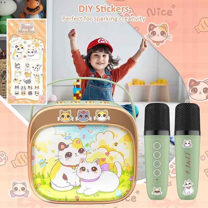 J&D Mini Karaoke Machine for Kids Adults, Portable Bluetooth Speaker with 2 Wireless Mics and Cat Sticker for Girls Boys Age 3–10 Birthday Gifts Princess Toys, Colorful LED, Green-CubbioJoy