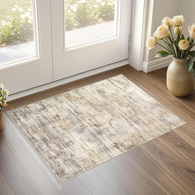 2x3 Entryway Area Rugs: Washable Neutral Abstract Small Rug Door Mat Non-Slip Soft Low Pile Indoor Carpe for Entrance Kitchen Front Door Bathroom Entry Kids Room - Golden Brown-CubbioJoy