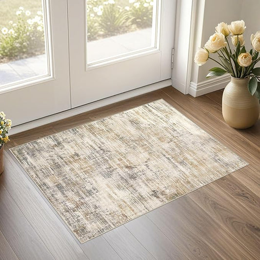 2x3 Entryway Area Rugs: Washable Neutral Abstract Small Rug Door Mat Non-Slip Soft Low Pile Indoor Carpe for Entrance Kitchen Front Door Bathroom Entry Kids Room - Golden Brown-CubbioJoy