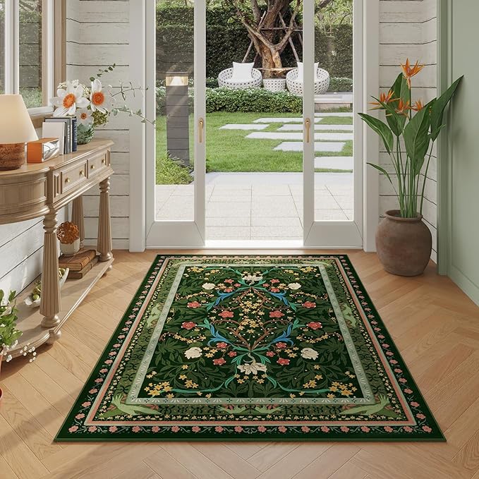 Bedroom Rug 3x5 Rug Washable Area Rug Non Slip Low Pile Vintage Floral Botanical Small Carpet for Bedroom, Bedside, Kitchen, Entryway, Kids Room, Office, Green-CubbioJoy