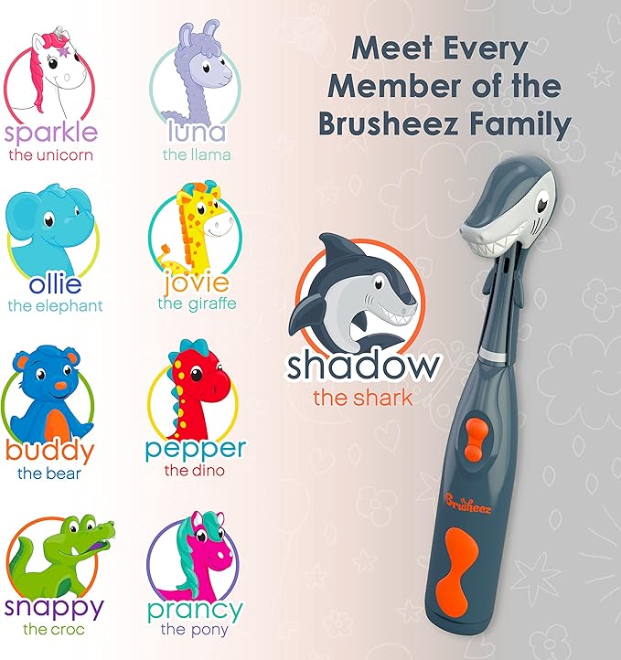 Brusheez Kids’ Electric Toothbrush Set - Safe & Effective for Ages 3+ - Parent Tested & Approved with Gentle Bristles, 2 Brush Heads, Rinse Cup, 2-Minute Timer, & Storage Base (Shadow The Shark)-CubbioJoy