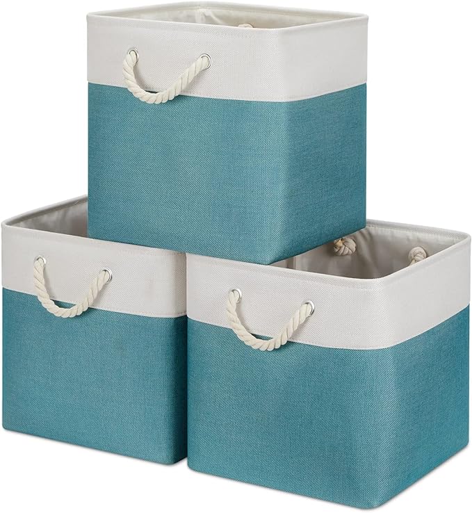 Bidtakay Fabric Baskets for Closets Shelves Lined Set of 3 Large Square Collapsible Storage Bins for Organizing 13 X 13 Cube Storage Bins for Pantry Organization Storage(Teal Blue)-CubbioJoy