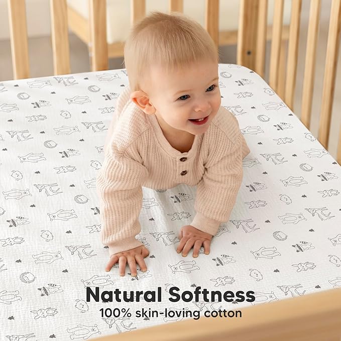 KeaBabies 2-Pack Muslin Crib Sheets for Boys, Girls - 100% Organic Cotton Fitted Baby Crib Mattress Sheet, Soft Breathable Standard Toddler Bed Cover Bedding Set, Neutral, Durable 52x28 (Woodland)-CubbioJoy