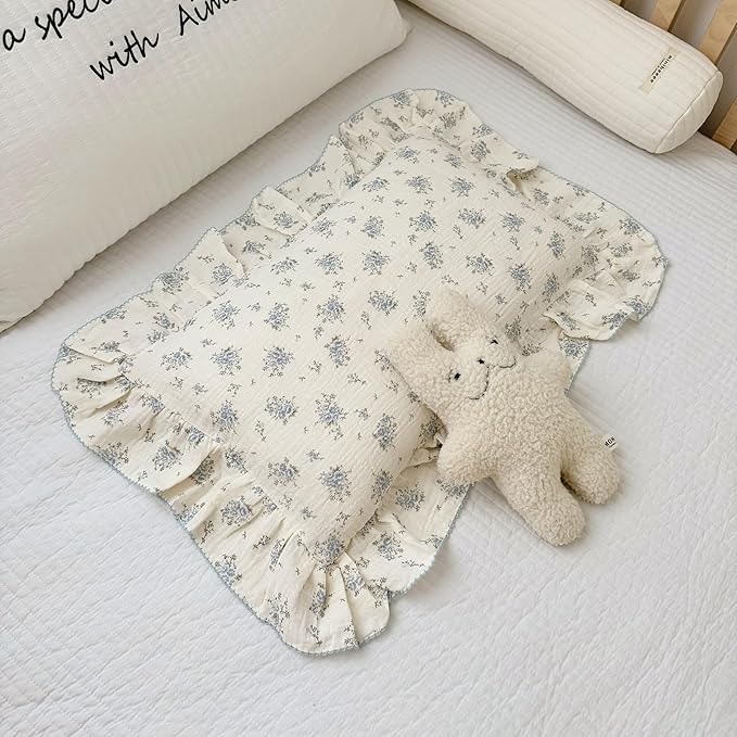 BuLuTu Cotton Muslin Toddler Pillowcases with Blue Flowers Print Soft Breathable Gauze Small Pillow Case for Toddler Boys Girls Nursery Decor, Shower Gift, 14"x20", 1 pc-CubbioJoy