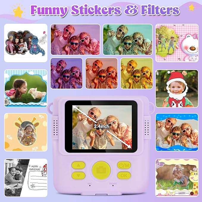 Instant Print Camera for Kids - 2.4 Inch Kids Camera Instant Print with Paper & 32G Card- Digital Children Toys as Christams Birthday Gifts for Girls Boys Age 3-12 - Purple-CubbioJoy