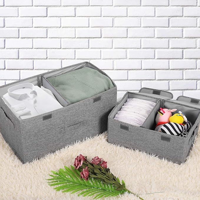 2 Pack Large Storage Boxes with Lids and Handles, Collapsible Linen Storage Bins Organizer Containers Baskets Cube with Removable Divider for Home Bedroom Closet Office (Khaki, Large)-CubbioJoy