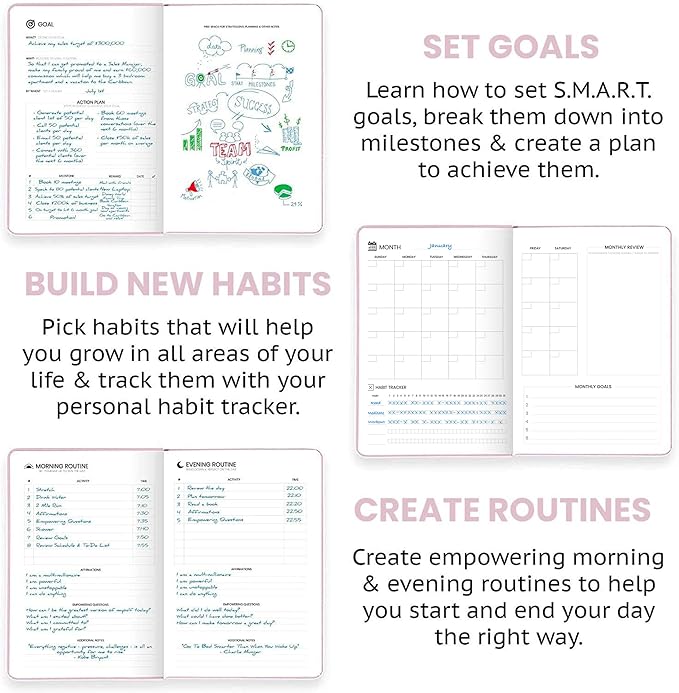 Undated Daily Planner – 1-Year B5 Productivity Organizer with Two-Page Weekly Spread, Goal Setting, Habit Tracker, Weekly & Monthly Pages – Hardcover Time Management Notebook (Pink)-CubbioJoy