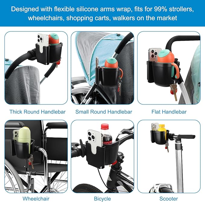 Accmor Stroller Cup Holder, Universal Cup Holder with Silicone Gooseneck Arm, Bike Cup Holder, 360° Rotatable Large Caliber Drinks Holder for Stroller, Bike, Wheelchair, Walker-CubbioJoy