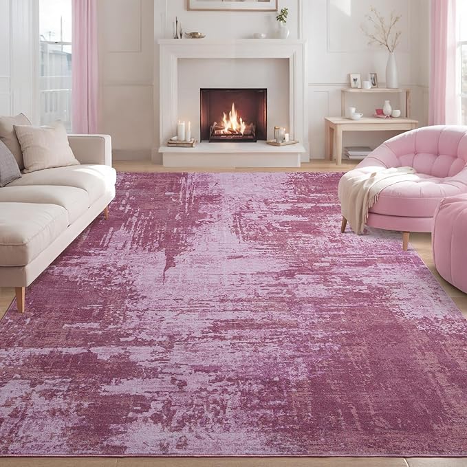 Kelarea Living Room Rug, 6x9 Rug Modern Abstract Washable Rugs Pink Faux Wool Vintage Carpet, Non Slip Rugs for Bedroom, Dining Room, College Dorm, Kids Playroom, Home Office-CubbioJoy