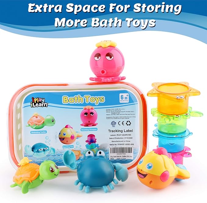 iPlay, iLearn Baby Bath Toys w/ Organizer, Water Squirting Octopus, Wind Up Swimming Turtle, Bathtub & Shower, Stacking Cups, Gift for 6, 9, 12, 18 Months 1, 2, 3 Years, Toddlers, Girls, Boys & Kids-CubbioJoy