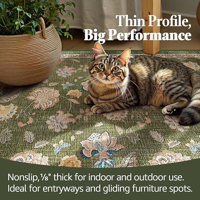 jinchan 8x10 Floral Rug for Living Room Washable Bedroom Rug Vintage Romance Design Non Slip Thin Indoor Floor Cover Large Low-Profile Throw Carpet for Dining Room Office, Green-CubbioJoy