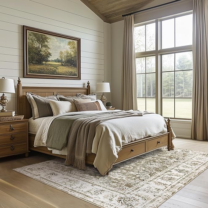 jinchan Washable Area Rug 5x7 Ultra-Thin Low Pile Non Slip Stain Resistant Soft Faux Wool Floral Distressed Vintage Carpet for Bedroom,Living Room,Dining Room,Kitchen,Nursery(Taupe, 5' x 7')-CubbioJoy