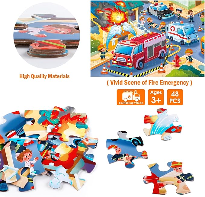 Jumbo Floor Puzzle for Kids,Fire Rescue Jigsaw Large Puzzles,48 Piece Firefighter Fireman Fire Truck Puzzle for Toddler Ages 3-5,Children Learning Preschool Educational Toys,Gift for 4-8 Years Old-CubbioJoy