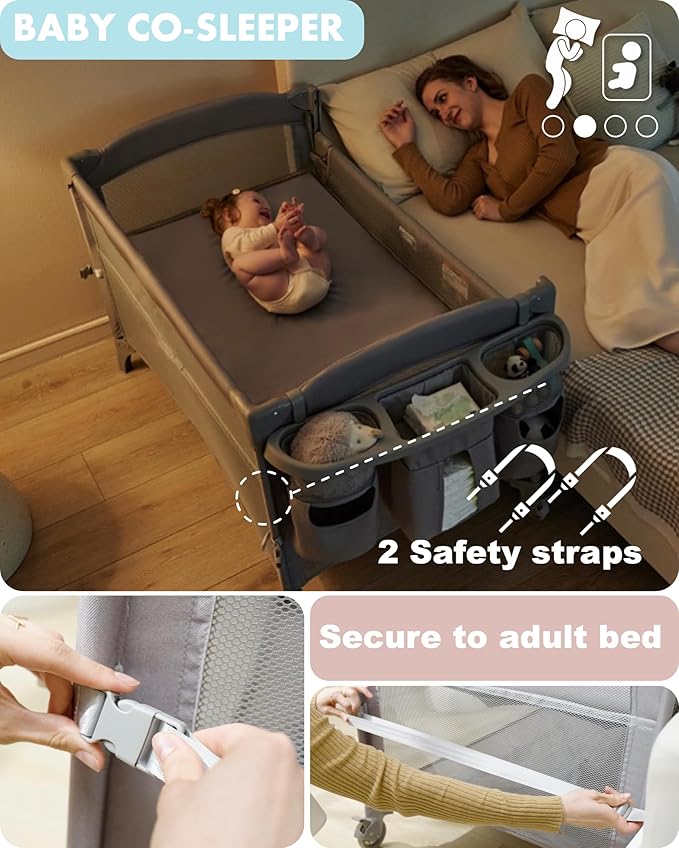 AirClub 4 in 1 Baby Bassinet Bedside Sleeper, 4 Functions Crib, Playard, Portable Changing Table, Bassinet for Newborn Baby, Bedsaide Bed w/Wheels&Brakes-CubbioJoy