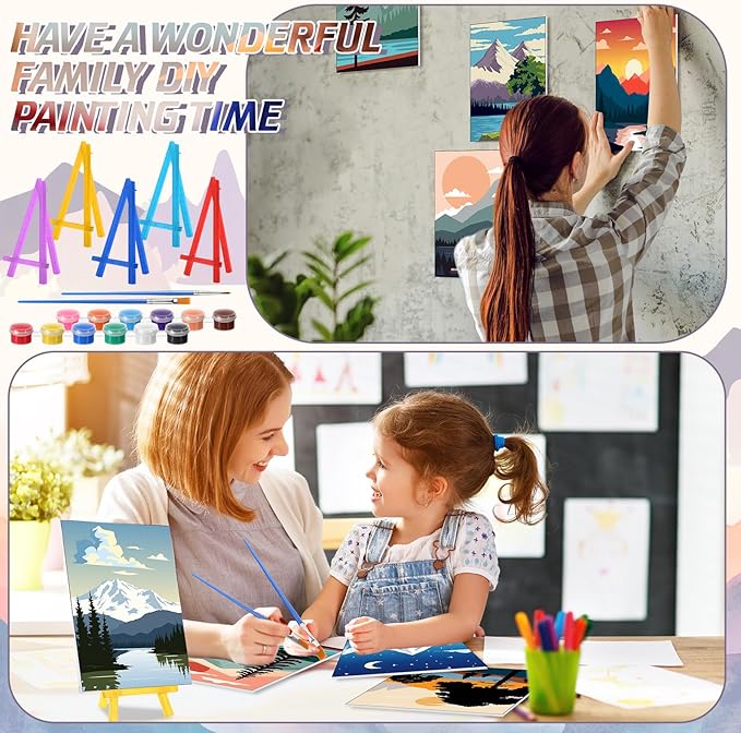 Blosssound 10 Set Pre Printed Canvas Pre Drawn Canvas Painting with Easel Kits 5" x 7" Outline Painting Panels for Beginners, DIY Craft Project, Party Favor, Home Decors(Sunset)-CubbioJoy