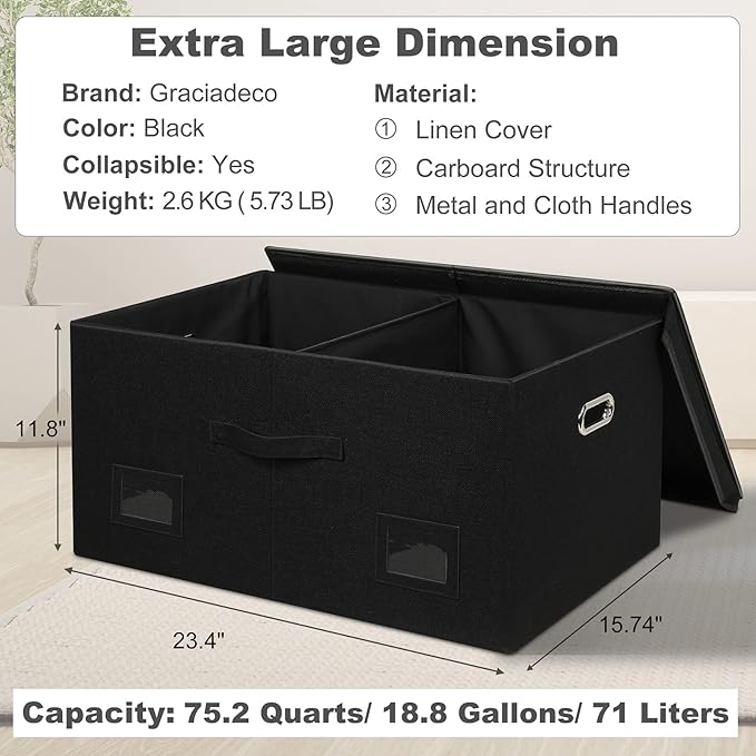 75 Quarts Extra Large Decorative Storage Bins with Lids, 3 Packs Black Collapsible Storage Bins with Lids, Stackable Storage Bins Decorative Box Storage With Lid Extra Large-CubbioJoy