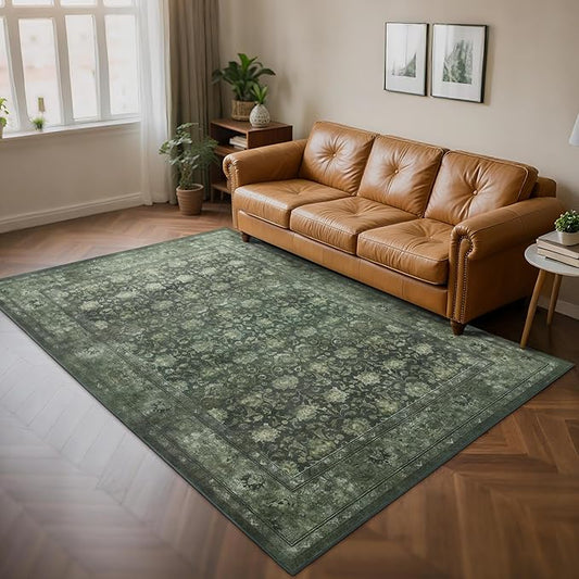 5x7 Washable Area Rug for Living Room, Non Slip Vintage Floral Rugs for Bedroom, Retro Indoor Floor Carpet for Kitchen, Dining Room, Farmhouse, Classroom (Distressed Green)-CubbioJoy