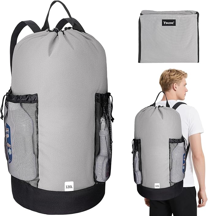 BALEINE 120L Laundry Bag Backpack, 900D Oxford Fabric Large Travel Laundry Bags with Shoulder Straps and 2 Mesh Pockets for College Dorm, Apartment, Laundromat (Gray, 120L)-CubbioJoy